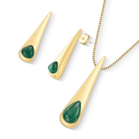 Possebon Joias Set Collar y Pantallas Stud, Piedra Natural Cuarzo Verde, Brass Gold Plated