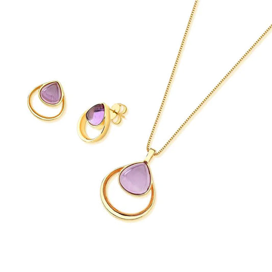 Possebon Joias Set Collar y Pantallas Stud, Piedra Natural Amatista, Brass Gold Plated