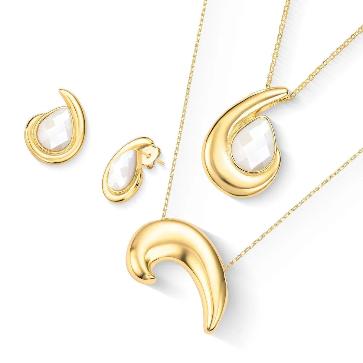 Possebon Joias Set Collar Double y Pantallas Stud, Piedra Natural Cuarzo Porcelana Perla, Brass Gold Plated