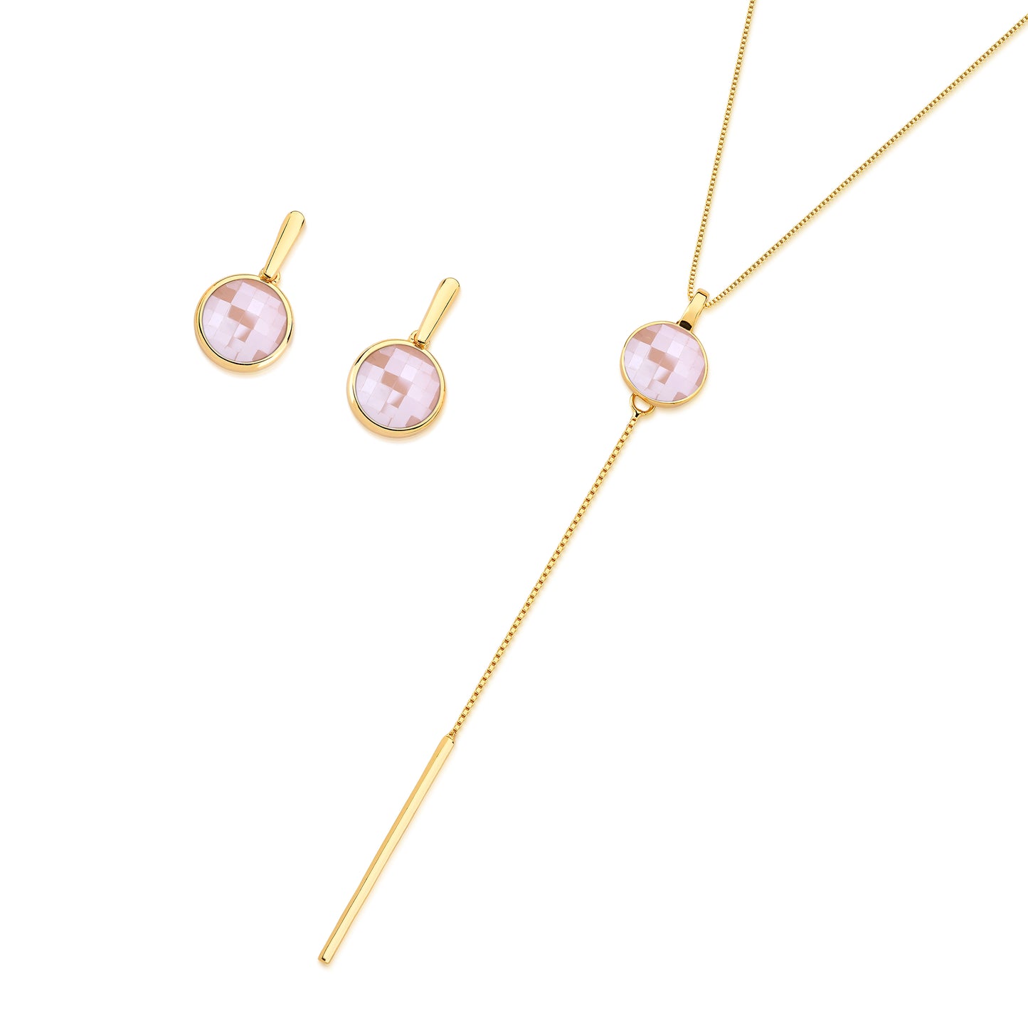 Possebon Joias Set Cadena y Pantallas Stud, Piedra Natural Rosa Perlado, Brass Gold Plated