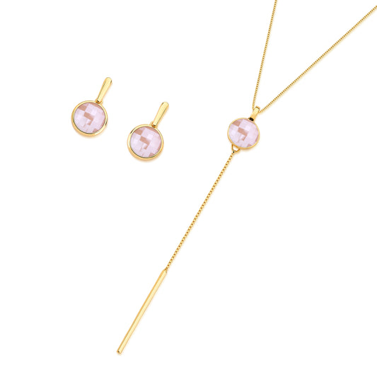 Possebon Joias Set Cadena y Pantallas Stud, Piedra Natural Rosa Perlado, Brass Gold Plated