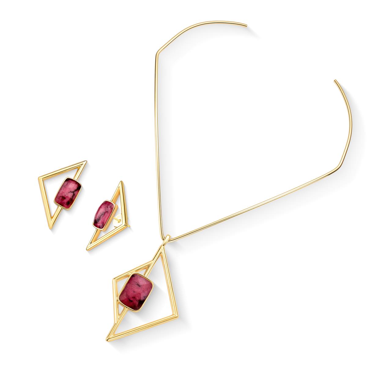 Possebon Joias Set Collar Neck Cuff y Pantallas Stud, Piedra Natural Rodonita, Brass Gold Plated