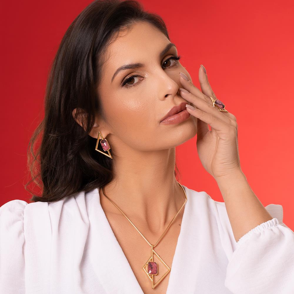 Possebon Joias Set Collar Neck Cuff y Pantallas Stud, Piedra Natural Rodonita, Brass Gold Plated