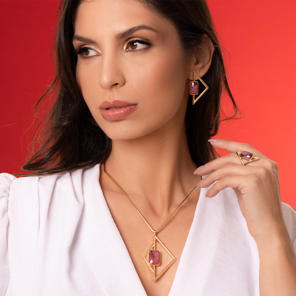 Possebon Joias Set Collar Neck Cuff y Pantallas Stud, Piedra Natural Rodonita, Brass Gold Plated