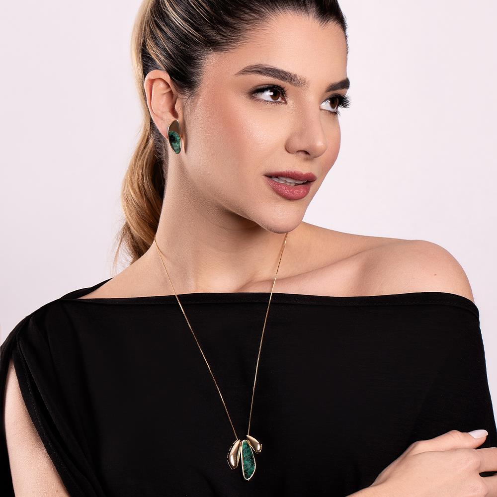 Possebon Joias Set Collar y Pantallas Stud, Piedra Natural Esmeralda, Brass Gold Plated