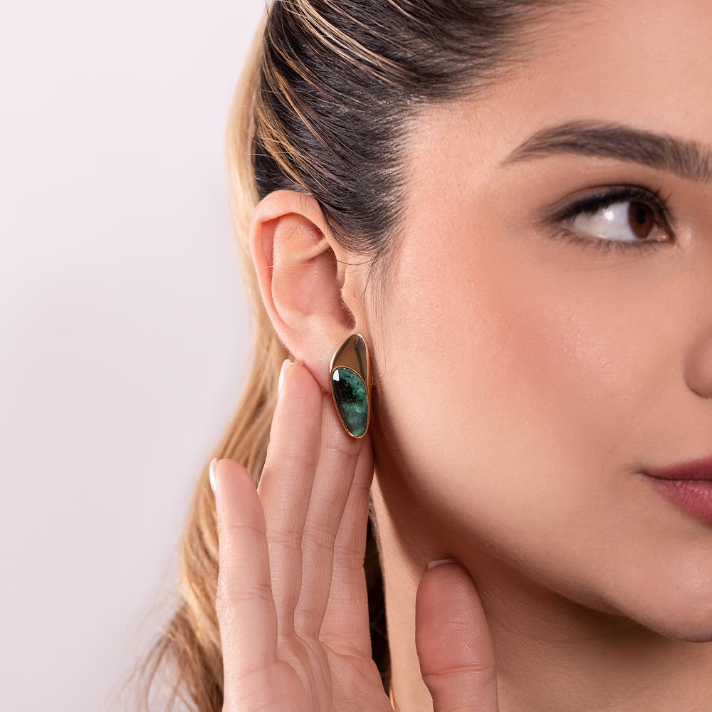 Possebon Joias Set Collar y Pantallas Stud, Piedra Natural Esmeralda, Brass Gold Plated