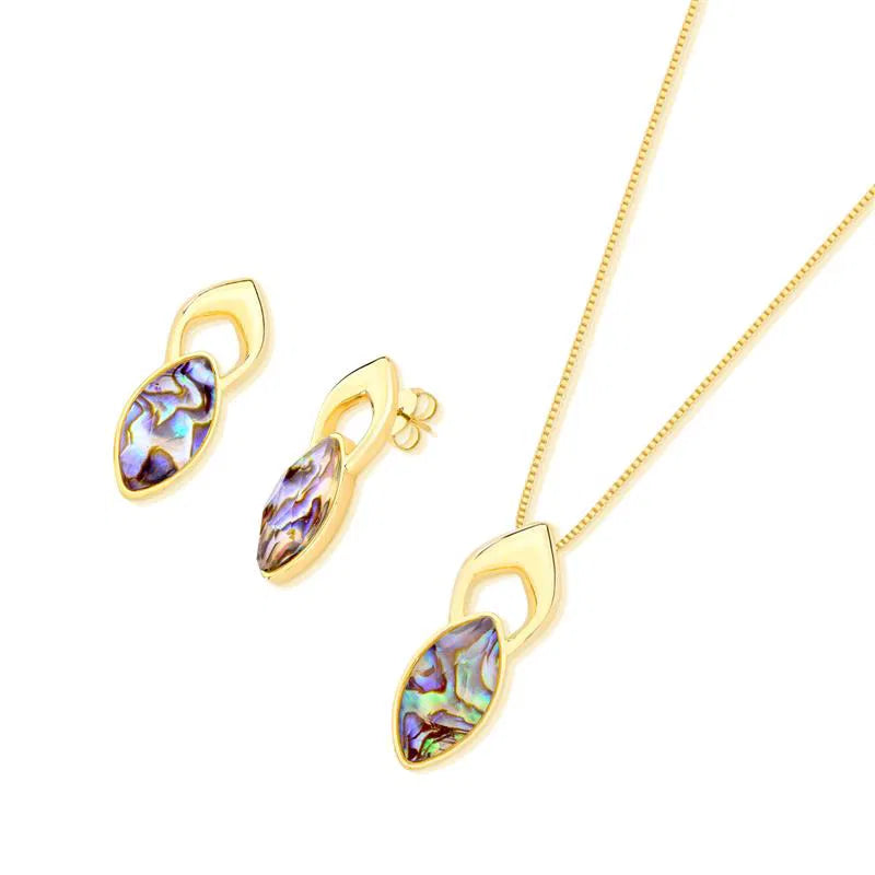 Possebon Joias Set Collar y Pantallas Stud, Piedra Natural Abulón, Brass Gold Plated