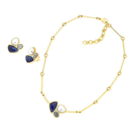 Possebon Joias Set Collar y Pantallas Stud, Piedra Natural Sodalita/ Drusa Titanio/ Perla Concha Blanca, Brass Gold Plated