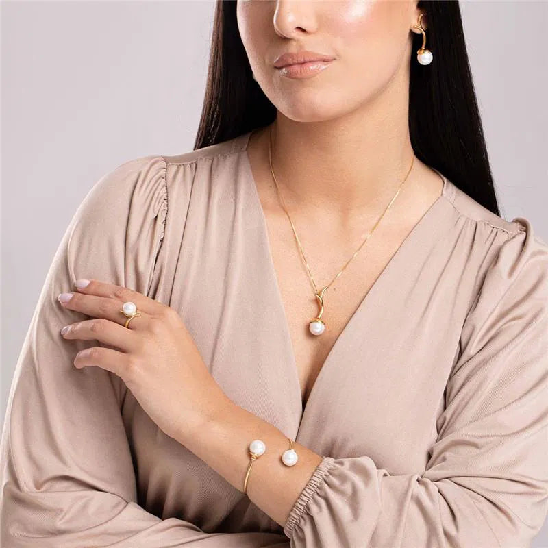 Possebon Joias Set Collar y Pantallas Stud, Piedra Natural Perla Shell Blanca, Brass Gold Plated