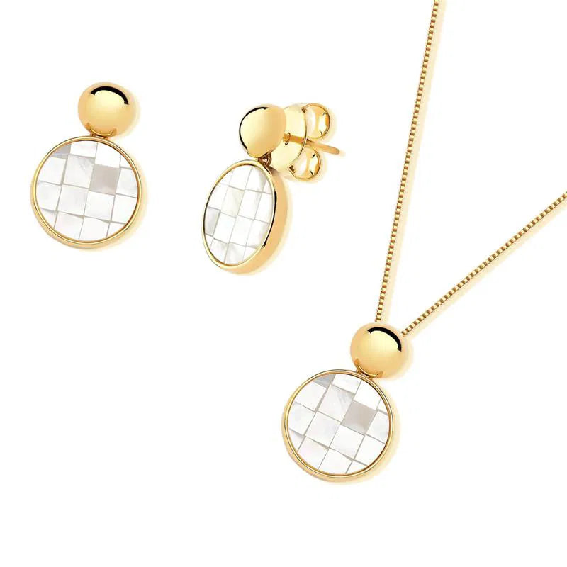 Possebon Joias Set Collar y Pantallas Stud, Piedra Natural Mosaíco Madre Perla Círculo, Brass Gold Plated