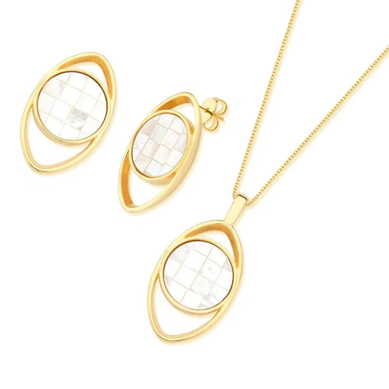 Possebon Joias Set Collar y Pantallas Stud, Piedra Natural Mosaíco Madre Perla, Brass Gold Plated