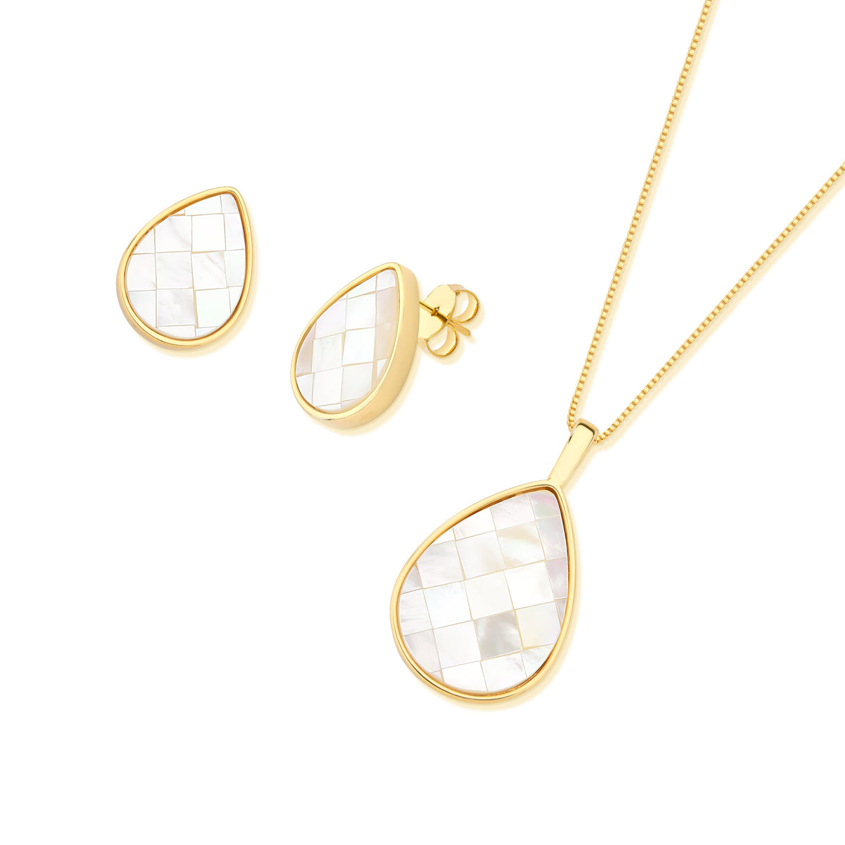 Possebon Joias Set Collar y Pantallas Stud, Piedra Natural Mosaíco Madre Perla, Brass Gold Plated