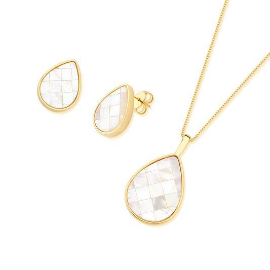 Possebon Joias Set Collar y Pantallas Stud, Piedra Natural Mosaíco Madre Perla, Brass Gold Plated