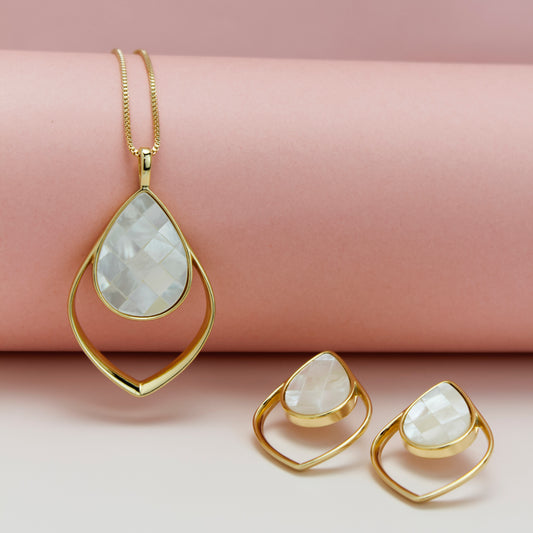 Possebon Joias Set Collar y Pantallas Stud, Piedra Natural Mosaíco Madre Perla, Brass Gold Plated