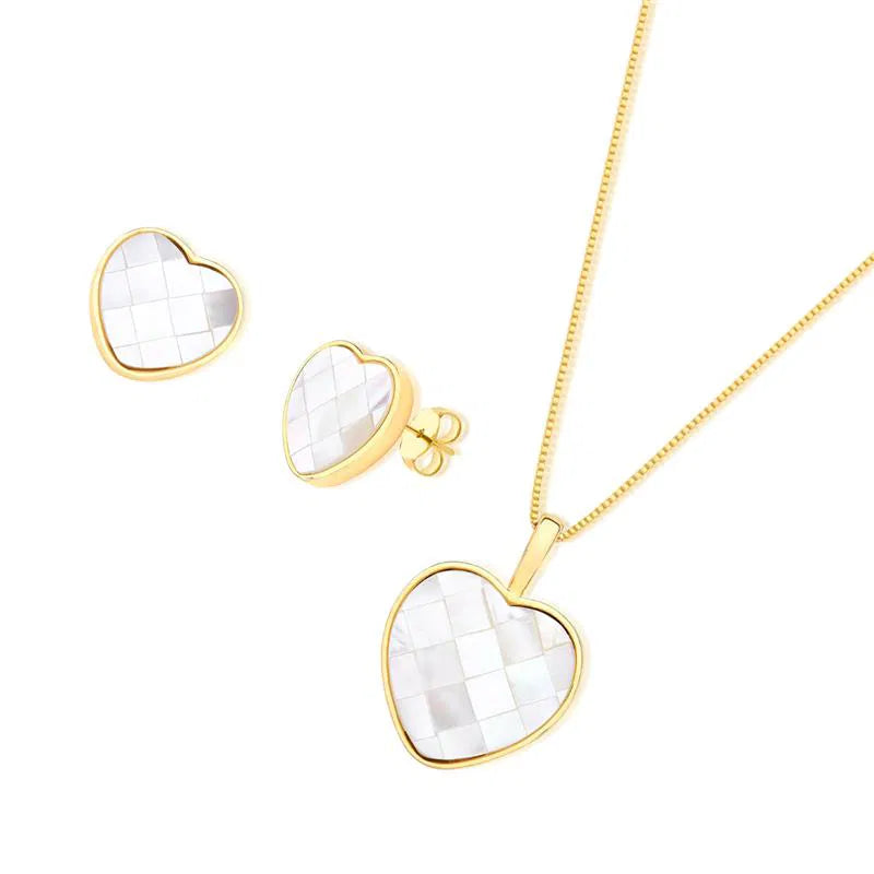 Possebon Joias Set Collar y Pantallas Stud, Piedra Natural Madre Perla Mosaíco Corazón, Brass Gold Plated