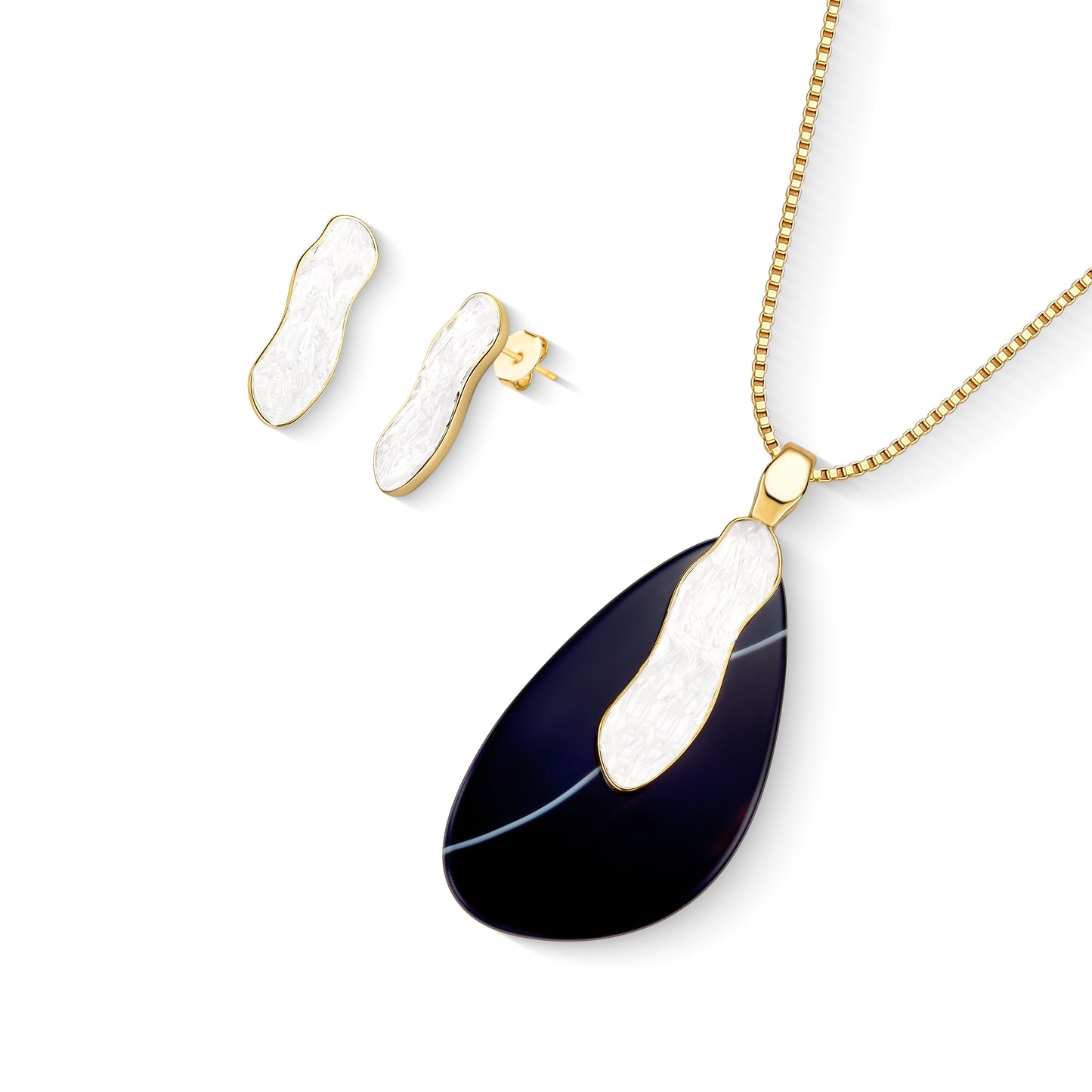 Possebon Joias Set Collar y Pantallas Stud, Piedra Natural Serenita y Ágata Prieta, Brass Gold Plated