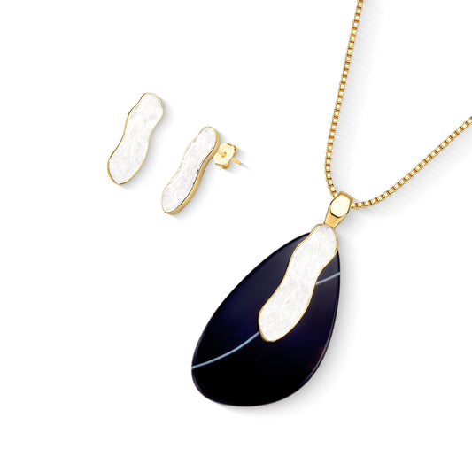 Possebon Joias Set Collar y Pantallas Stud, Piedra Natural Serenita y Ágata Prieta, Brass Gold Plated