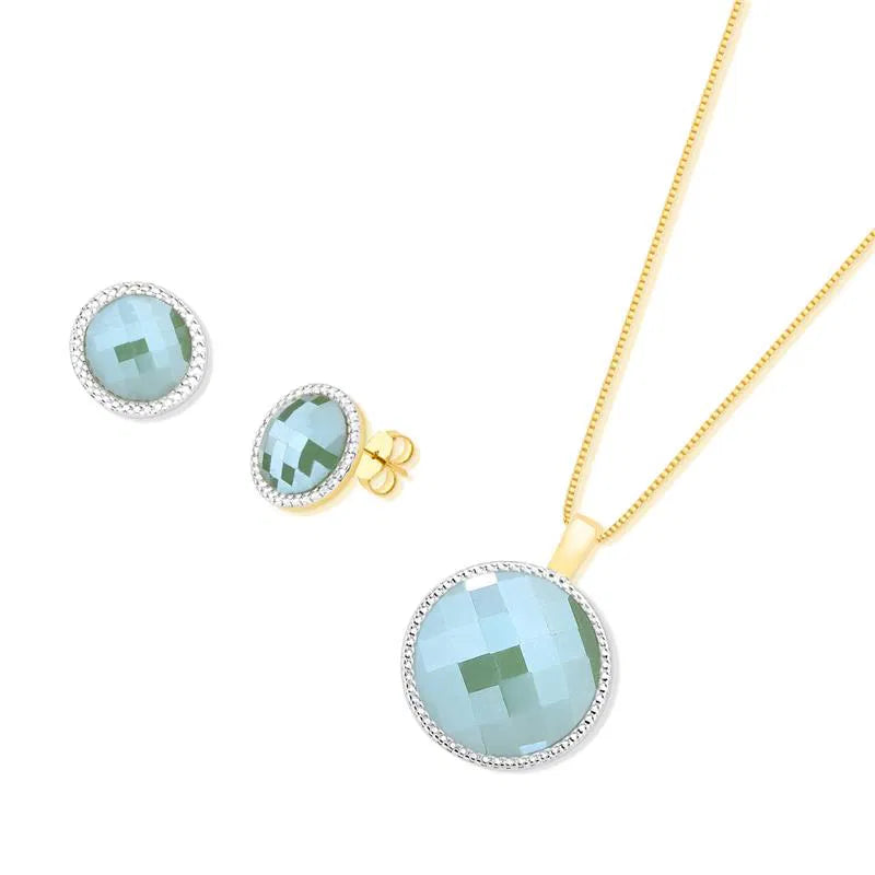Possebon Joias Set Collar y Pantallas Stud, Piedra Natural Cuarzo Verde Perlado Círculo, Brass Gold Plated