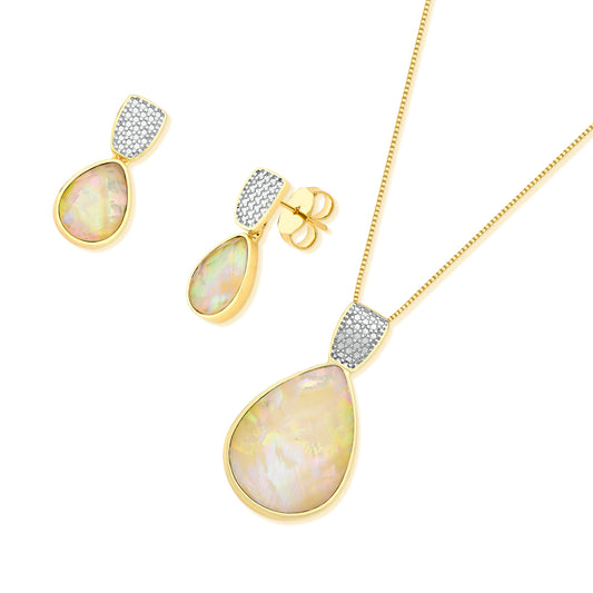 Possebon Joias Set Collar y Pantallas Stud, Piedra Natural Ópalo de Mar, Brass Gold Plated