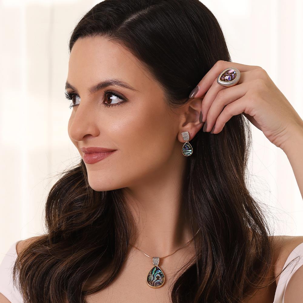 Possebon Joias Set Collar y Pantallas Stud, Piedra Natural Ópalo de Mar, Brass Gold Plated