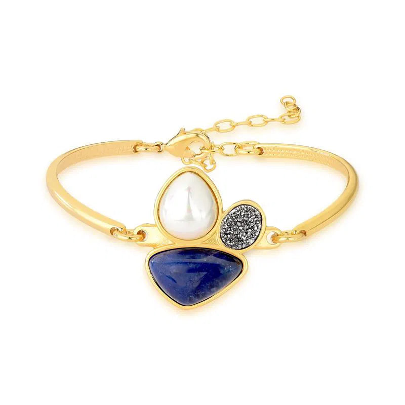 Possebon Joias Brazalete, Piedra Natural Sodalita/ Drusa Titanio/ Perla Concha Blanca, Brass Gold Plated