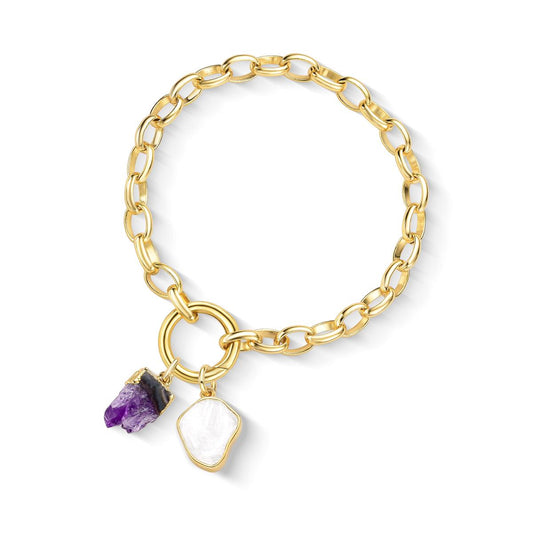 Possebon Joias Brazalete, Piedra Natural Selenita y Geode Amethyst, Brass Gold Plated