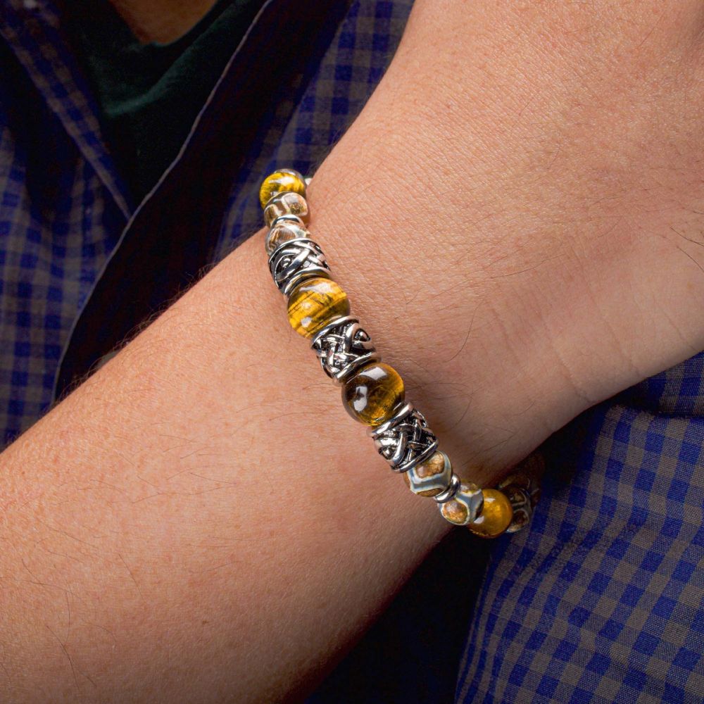 Tiger Eye & Dzi Stone with Cast Steel Bead Bracelet