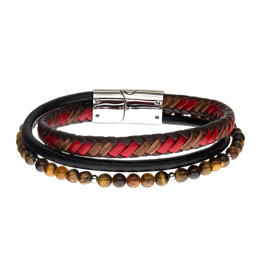 Tiger Eye Beads with Brown & Red Full Grain Cowhide Leather Layered Bracelet