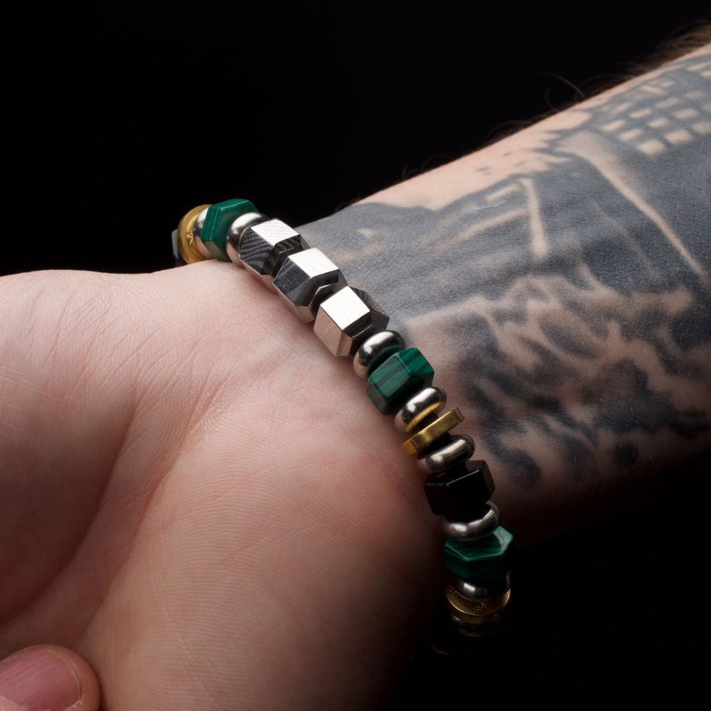 8mm Mokume Gane, Malachite and Onyx Beads Bushido Virtue Bracelet - JIN: Compassion