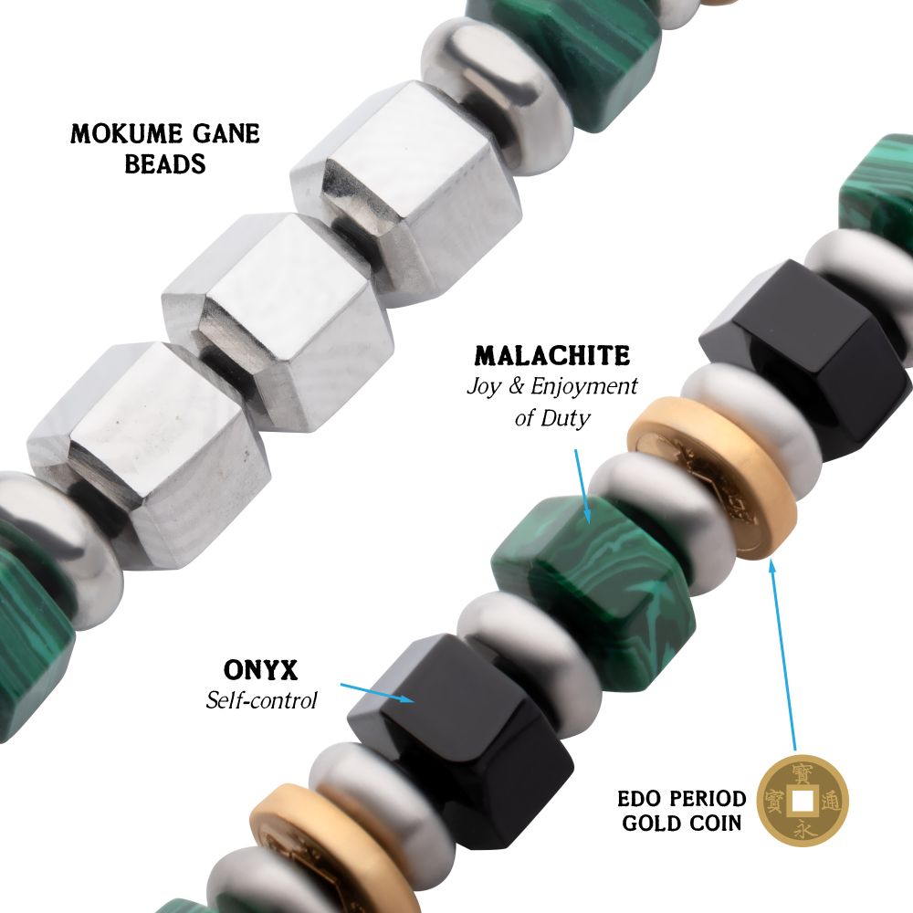 8mm Mokume Gane, Malachite and Onyx Beads Bushido Virtue Bracelet - JIN: Compassion