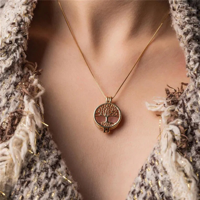 Possebon Joias Collar Charm Árbol de la Vida Reversible, Piedra Natural Interchangeble, Brass Gold Plated