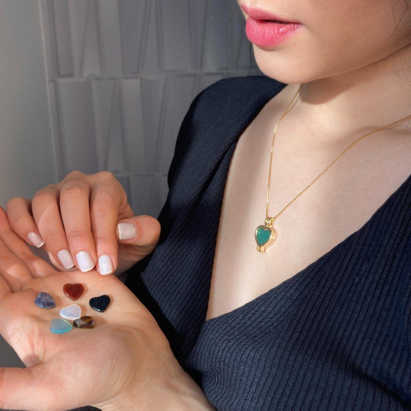 Possebon Joias Collar Charm Corazón Small, Piedra Natural Interchangeble, Brass Gold Plated