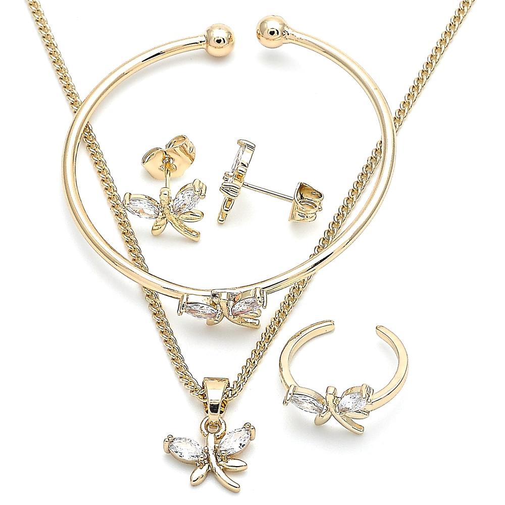 Set Collar/Pantalla para Niñas, Pulsera Bangle, Sortija Ajustable, Charm Líbelula, Zirconia Blanca, Gold Filled