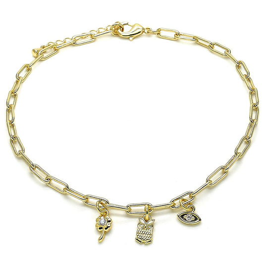 Tobillera, Charms Buho y Flores Fancy, Gold Filled