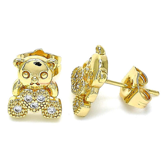 Pantallas Stud, Osito con Corazón, Zirconia Clear, Gold Filled, Cierre "Pushback"