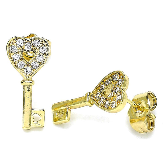 Pantallas Stud, Llave con Zirconia Clear, Gold Filled, Cierre "Pushback"