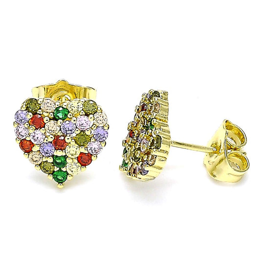 Pantallas Stud Corazón Zirconia Multicolor, Gold Filled, Cierre "Pushback"