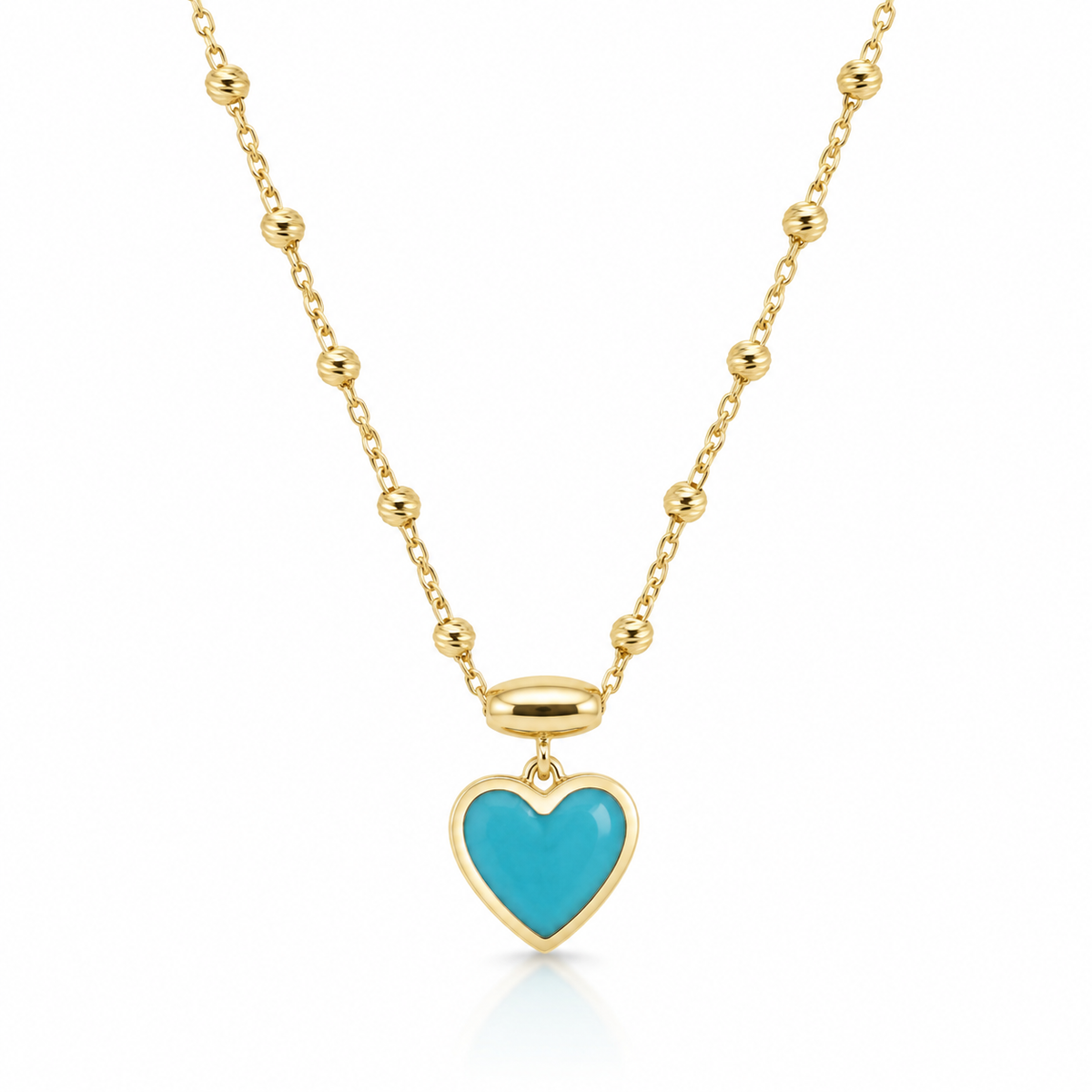 Cadena Oro 14kt Ball Chain Corazón- Enamel Turquesa 18"