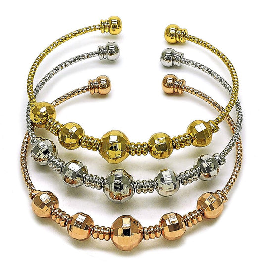 Pulsera Bangles Trio Set, Diseño Bolas Tri- Color, Gold Filled