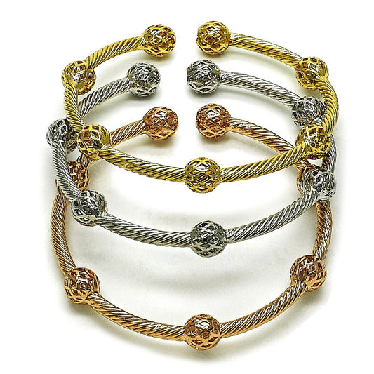 Pulsera Bangles Trio, Tri Color, Diseño Bolas, Gold Filled