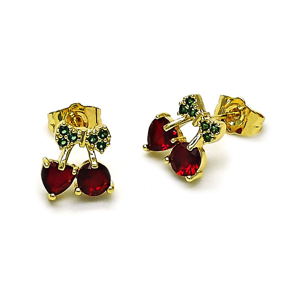 Pantallas Stud, Cherry Zirconia Rojas y Verde, Gold Filled, Cierre "Pushback"