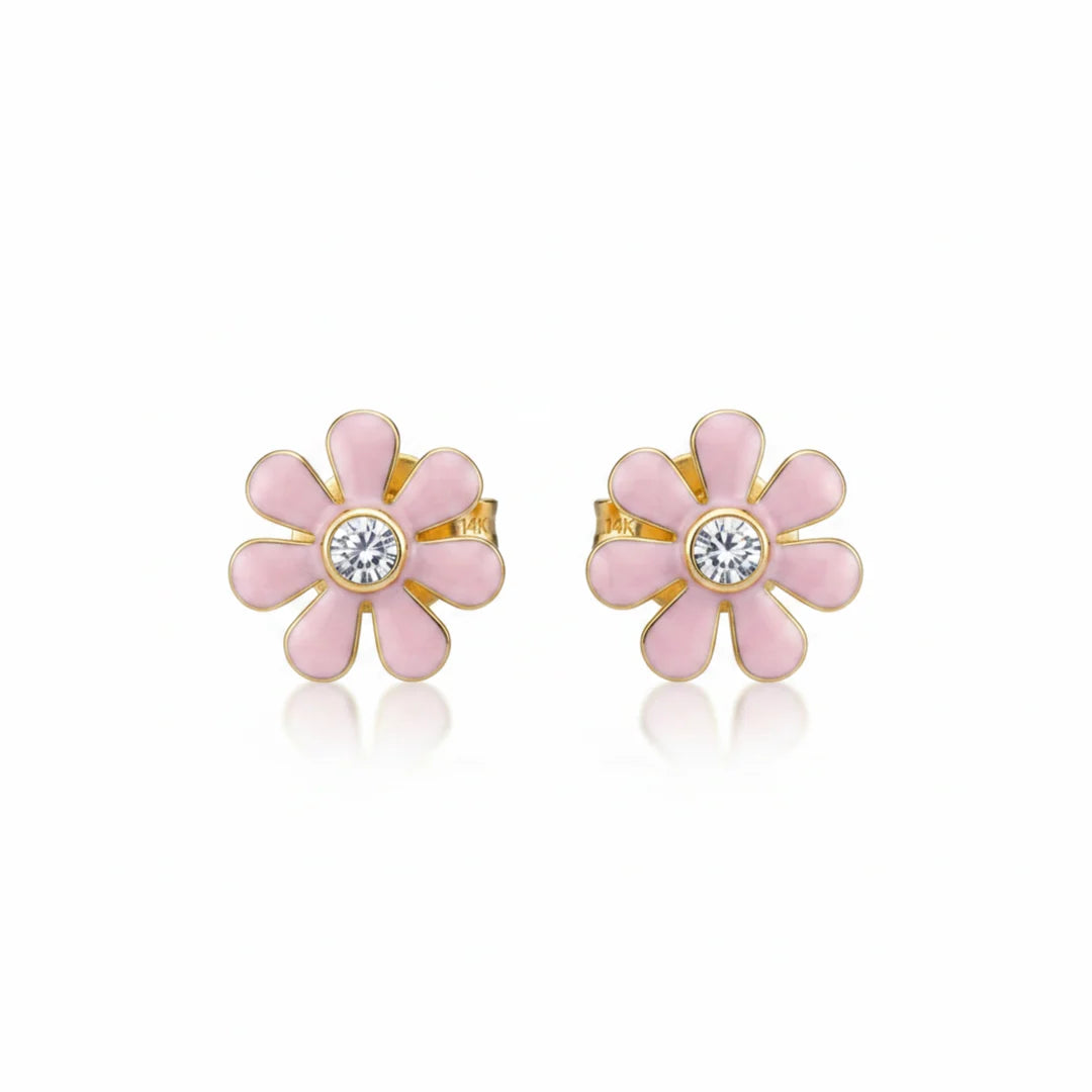 14K Spanish Screw Back Earrings: Pink Enamel Seven-Petal Flower With Cubic Zirconia (CZ) In The Middle.