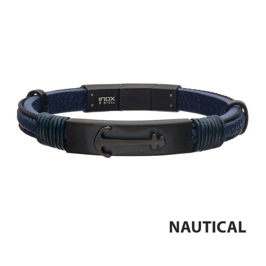 INOX- Blue Leather with Black IP Anchor Bracelet