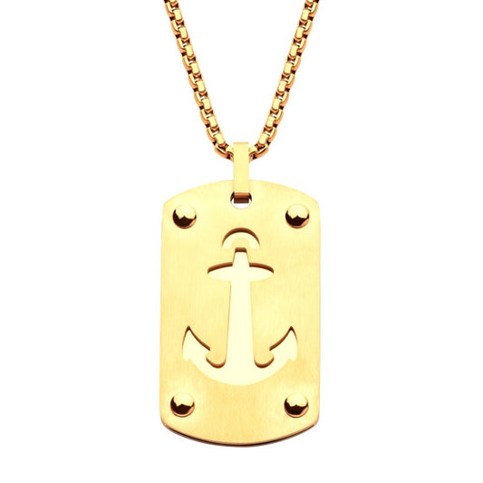 18Kt Gold IP Etched Anchor Dog Tag Pendant with Box Chain