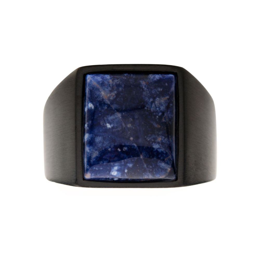 Stainless Steel Matte Black IP Signet Rings with Polished Sodalite