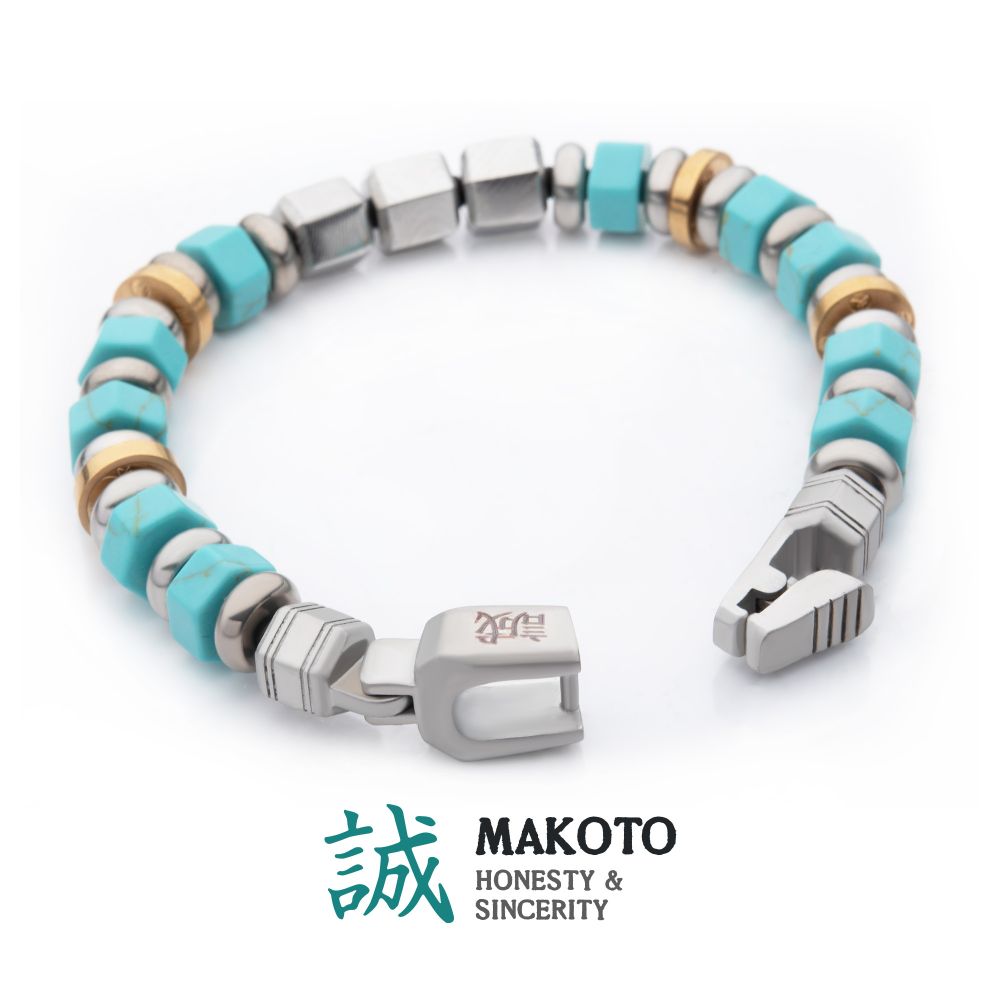 8mm Mokume Gane and Turquoise Beads Bushido Virtue Bracelet - MAKOTO: Honesty and Sincerity