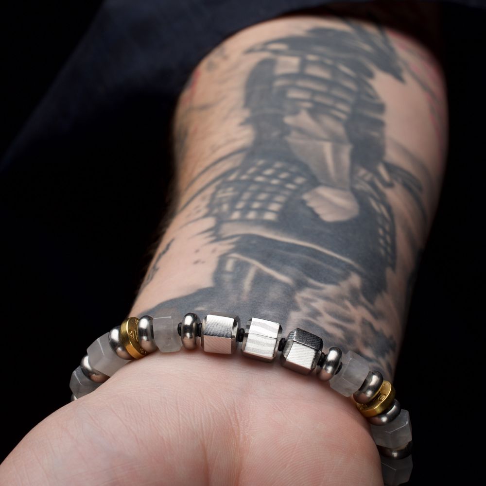 8mm Mokume Gane and White Quartz Beads Bushido Virtue Bracelet -CHUGI: Duty and Loyalty