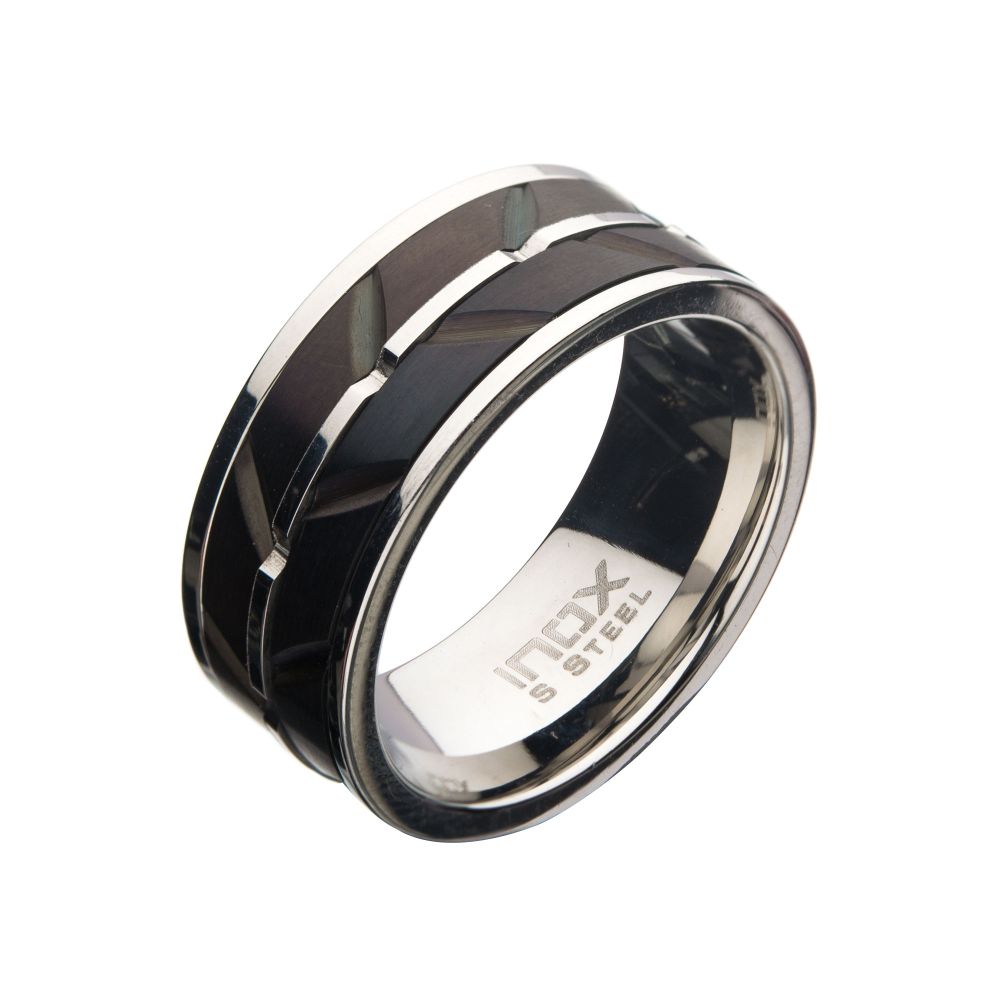 Stainless Steel & Black IP Raised Wave Ring