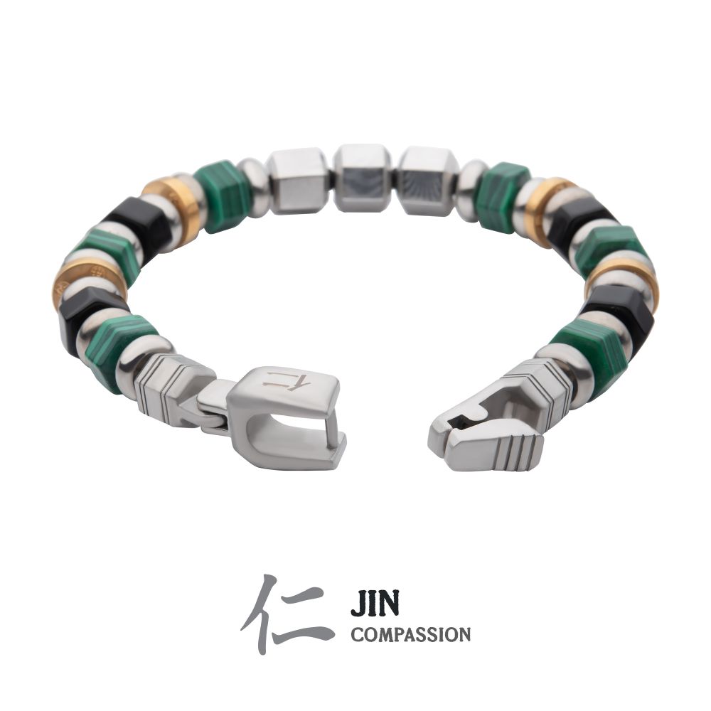 8mm Mokume Gane, Malachite and Onyx Beads Bushido Virtue Bracelet - JIN: Compassion