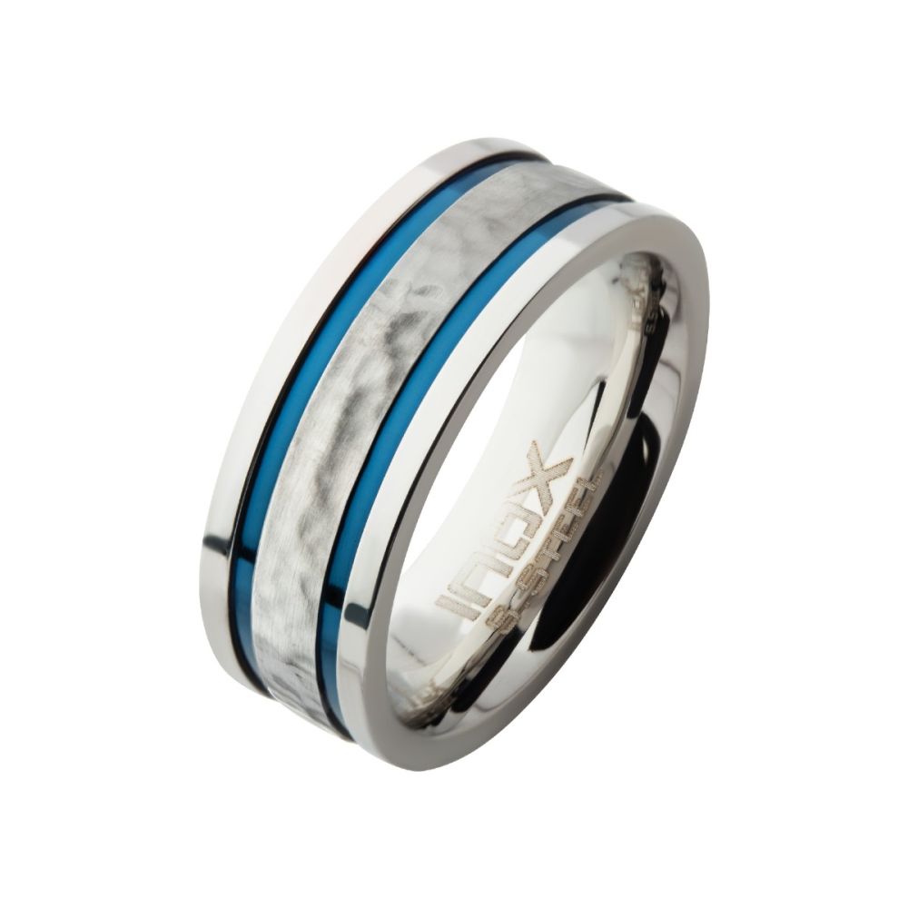 8mm Hammered Steel Center Comfort Fit Ring with Thin Blue IP Lines